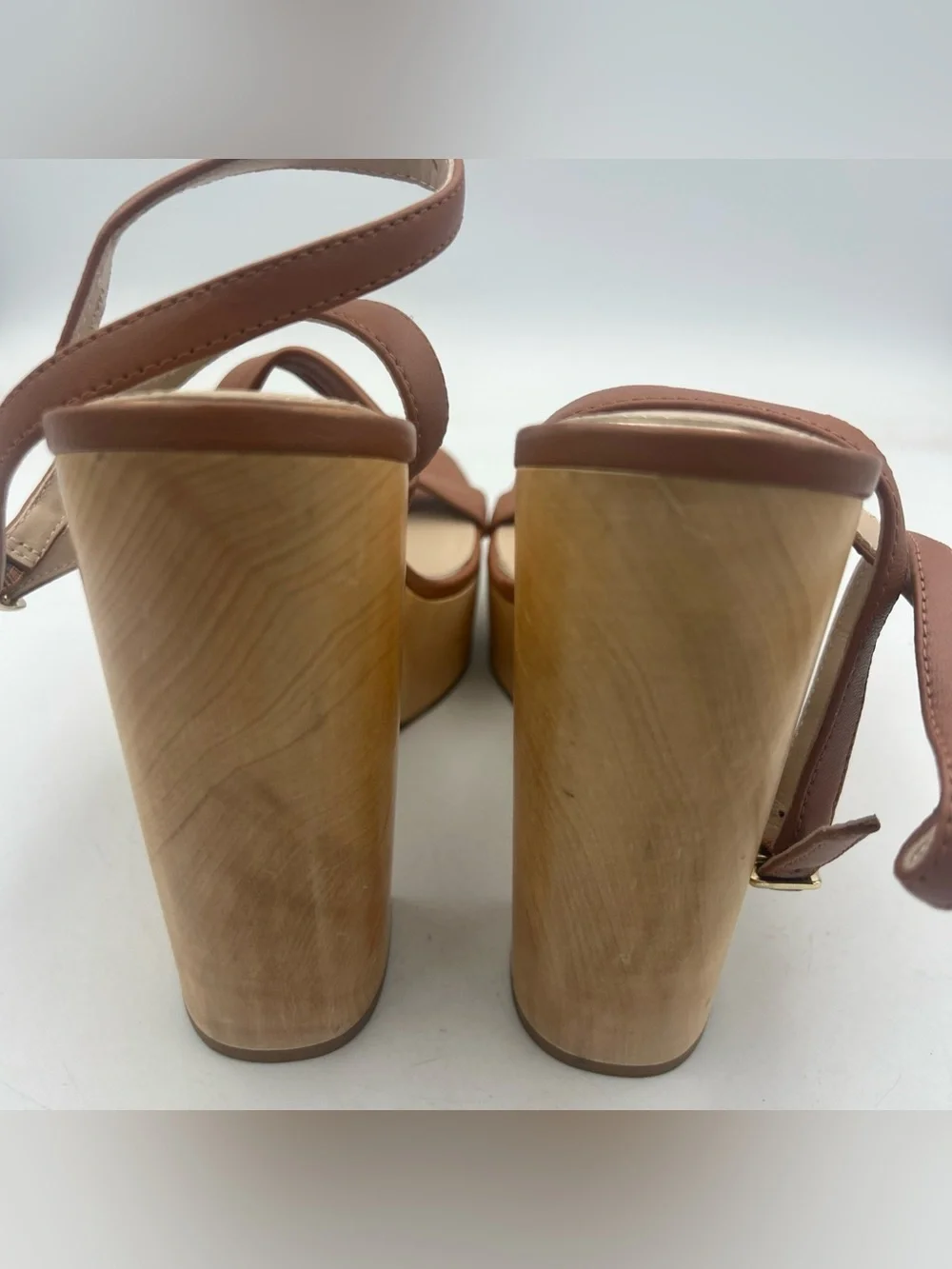 PAIGE Cayden Leather Ankle Strap Platform Sandal Woodgrain Block Heel Size 9 NEW